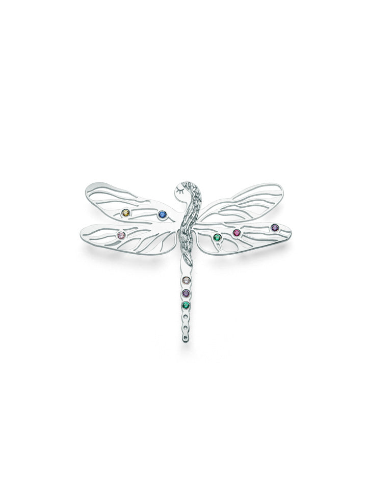Pin Libelulă, ”Dragonfly Alchemy”. Argint, zirconii colorate sau albe