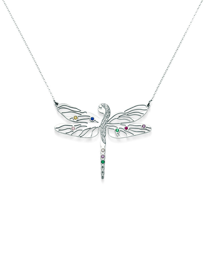 Colier Libelulă, pandant fixat pe lanț, ”Dragonfly Alchemy”. Argint, zirconii colorate sau albe